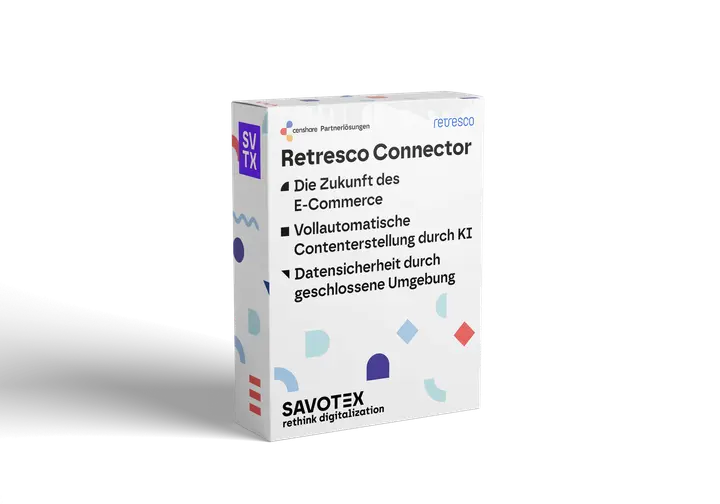 Produktbox des Retresco Connectors von Savotex, bietet vollautomatische Content-Erstellung durch KI und hohe Datensicherheit – symbolisiert Innovation und Schutz im E-Commerce.