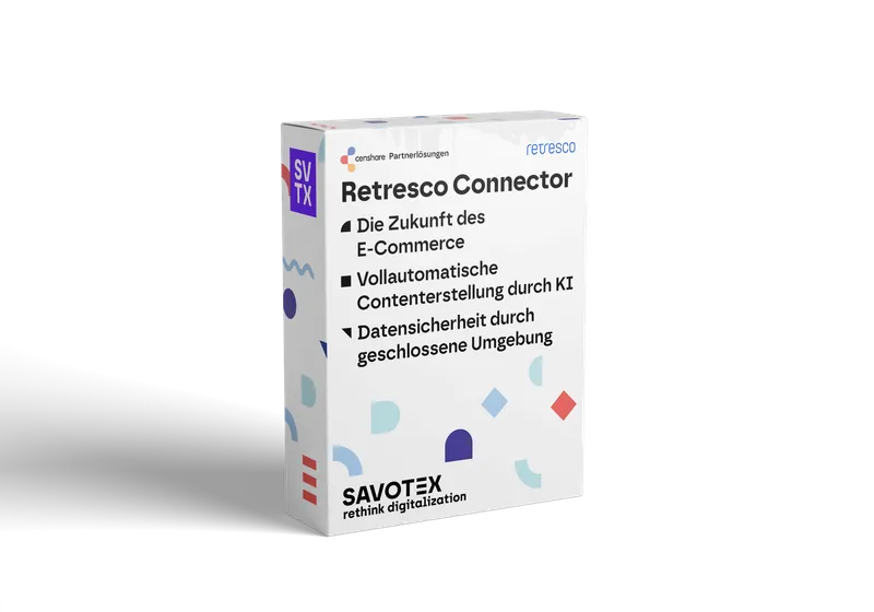 Produktbox des Retresco Connectors von Savotex, bietet vollautomatische Content-Erstellung durch KI und hohe Datensicherheit – symbolisiert Innovation und Schutz im E-Commerce.