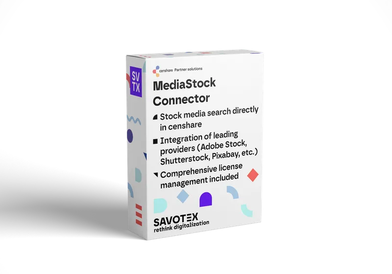 Product box of the MediaStock Connector by Savotex, enabling stock media search directly in censhare with leading providers like Adobe Stock – representing integration and license management.