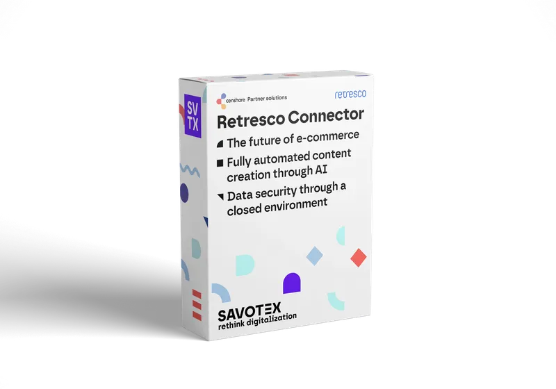 Product box of the Retresco Connector by Savotex, offering fully automated content creation through AI and high data security – representing innovation and protection in e-commerce.