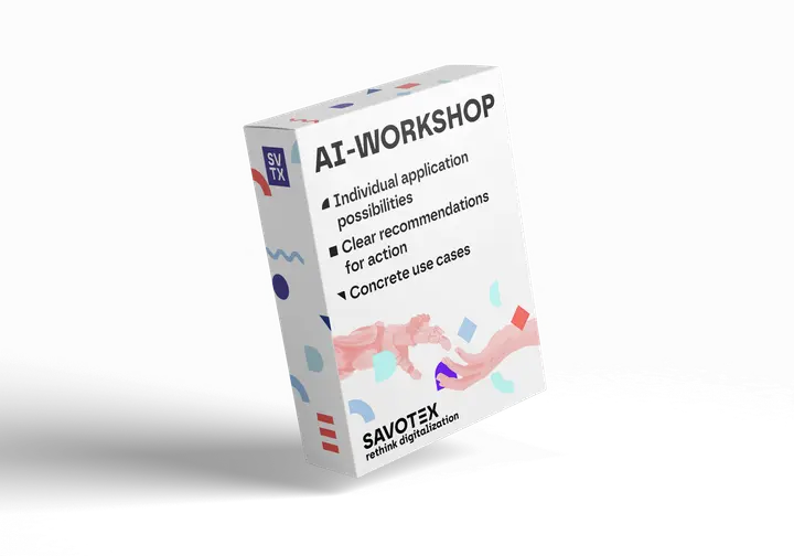 Product box of the AI Workshop by Savotex, offering tailored applications, practical use cases, and clear recommendations – representing training and innovation.