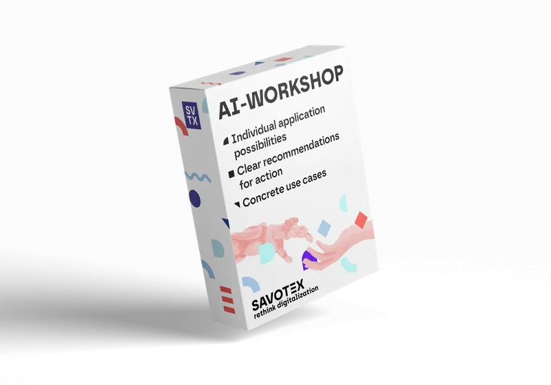 Product box of the AI Workshop by Savotex, offering tailored applications, practical use cases, and clear recommendations – representing training and innovation.