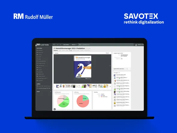Laptop-Screen mit einer Softwarelösung für die Immobilienverwaltung, präsentiert von Rudolf Müller und Savotex – symbolisiert digitale Optimierung für Verlagsprozesse.