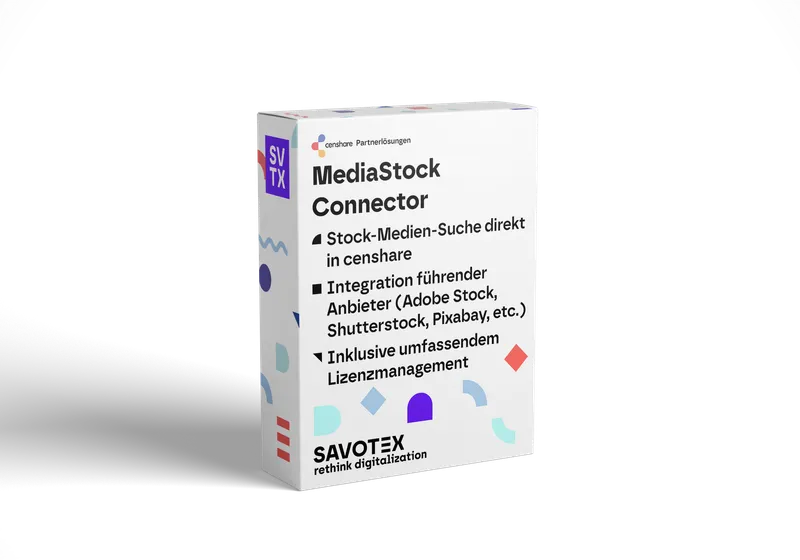 Produktbox des MediaStock Connectors von Savotex, ermöglicht Stock-Medien-Suche direkt in censhare mit führenden Anbietern wie Adobe Stock – symbolisiert Integration und Lizenzmanagement.