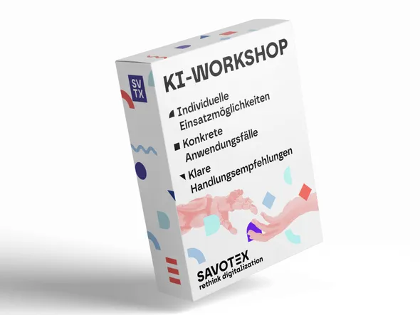 Produktbox für einen KI-Workshop von Savotex, der individuelle Einsatzmöglichkeiten und klare Handlungsempfehlungen bietet – symbolisiert Weiterbildung und KI-Nutzung.