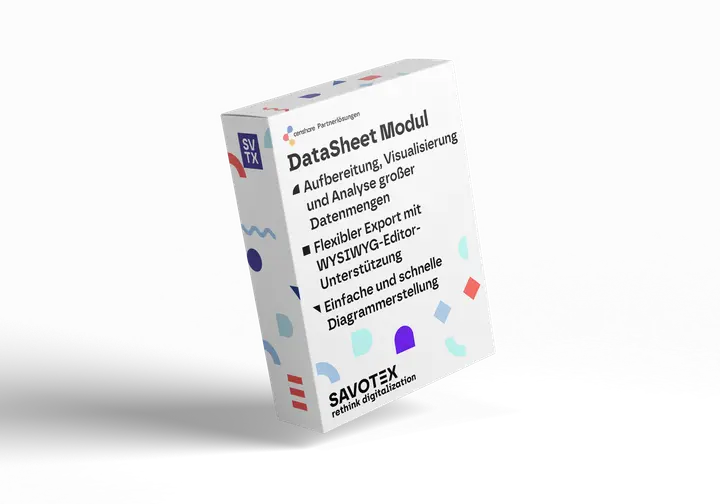 Produktbox des DataSheet Moduls von Savotex, mit Funktionen zur Aufbereitung und Analyse großer Datenmengen sowie flexibler Exportoption – symbolisiert Datenmanagement und Visualisierung.