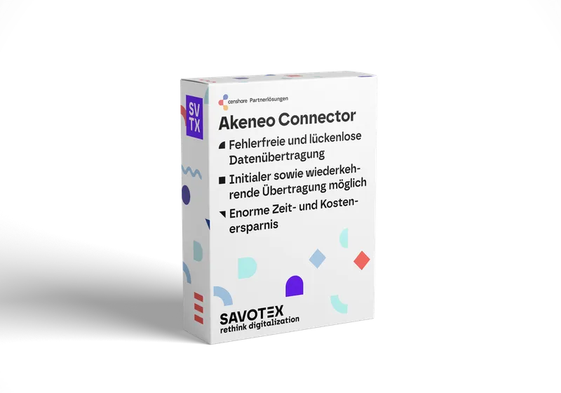 Produktbox des Akeneo Connectors von Savotex, ermöglicht fehlerfreie und wiederkehrende Datenübertragungen mit enormer Zeitersparnis – symbolisiert präzises Datenmanagement.