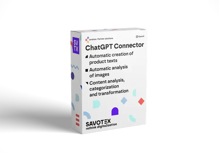 Product box of the ChatGPT Connector by Savotex, featuring automated product text generation, image analysis, and content categorization – representing AI-powered automation and efficiency.