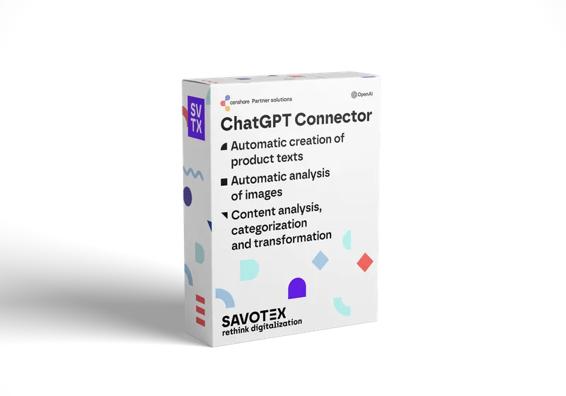 Product box of the ChatGPT Connector by Savotex, featuring automated product text generation, image analysis, and content categorization – representing AI-powered automation and efficiency.