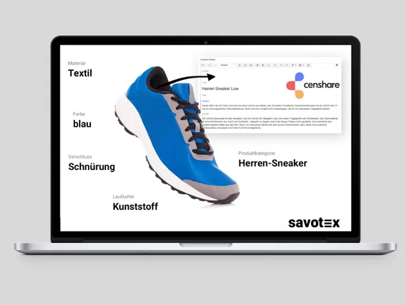 Bild eines blauen Sneakers mit Produktinformationen wie Material, Farbe und Verschluss, dargestellt auf einem Laptop-Bildschirm mit censhare-Integration – symbolisiert Produktmanagement und digitale Tools.