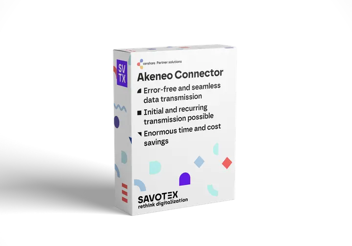 Product box of the Akeneo Connector by Savotex, enabling error-free and recurring data transfers with significant time savings – representing precise data management.