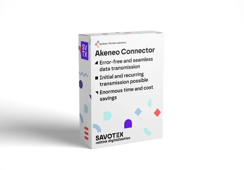 Product box of the Akeneo Connector by Savotex, enabling error-free and recurring data transfers with significant time savings – representing precise data management.