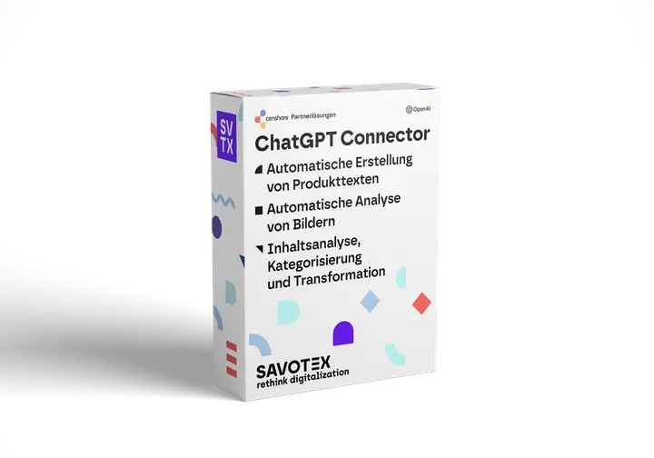 Produktbox des ChatGPT Connectors von Savotex, mit Funktionen wie automatischer Erstellung von Produkttexten, Bildanalyse und Inhaltskategorisierung – symbolisiert KI-gestützte Automatisierung und Effizienz.