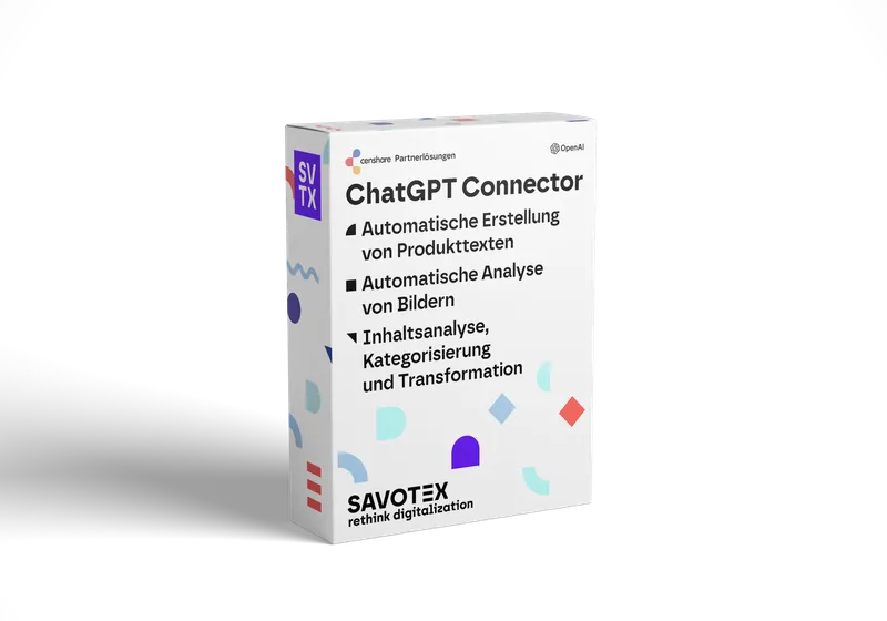 Produktbox des ChatGPT Connectors von Savotex, mit Funktionen wie automatischer Erstellung von Produkttexten, Bildanalyse und Inhaltskategorisierung – symbolisiert KI-gestützte Automatisierung und Effizienz.