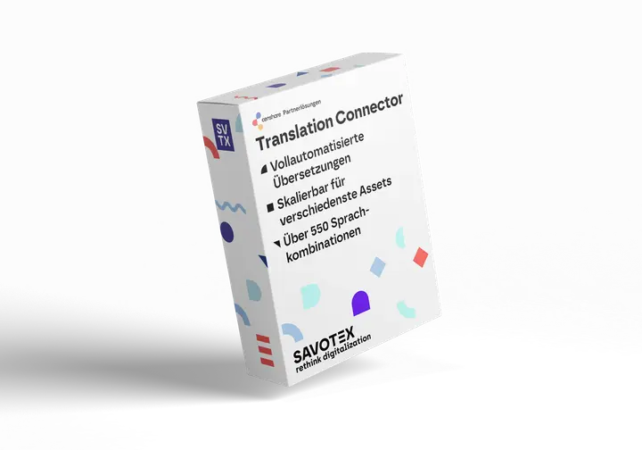 Produktbox des Translation Connectors von Savotex, mit Funktionen wie vollautomatische Übersetzungen und Unterstützung für über 550 Sprachkombinationen – symbolisiert Effizienz und Internationalisierung.