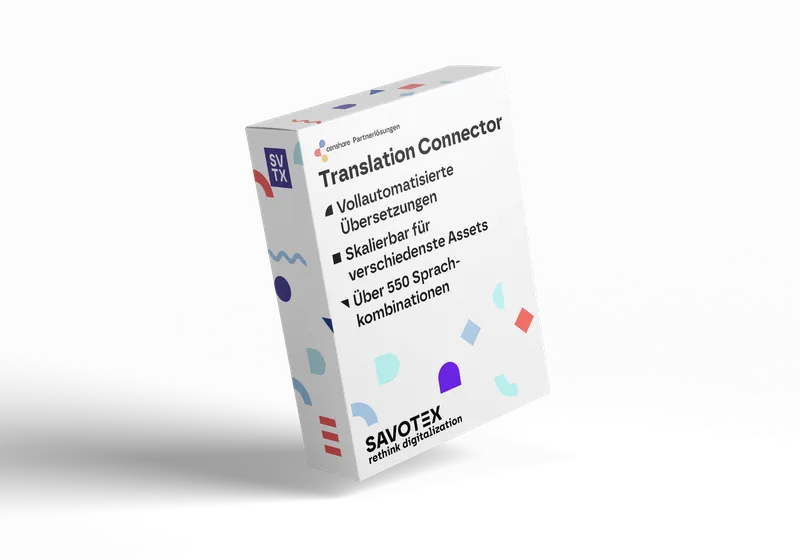 Produktbox des Translation Connectors von Savotex, mit Funktionen wie vollautomatische Übersetzungen und Unterstützung für über 550 Sprachkombinationen – symbolisiert Effizienz und Internationalisierung.