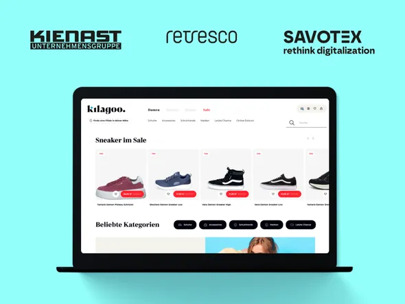 Darstellung des Onlineshops von Kienast mit Sneakern mit Fokus auf die Produktbeschreibungen, entwickelt in Zusammenarbeit mit Savotex und Retresco  – symbolisiert innovative digitale Lösungen.