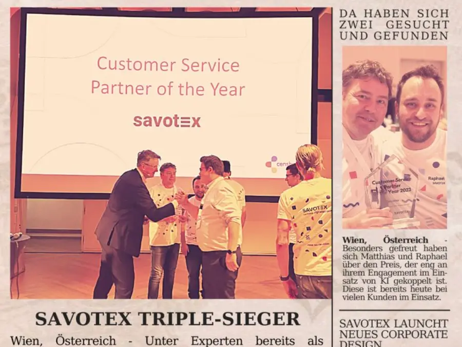 Zeitungsstil-Collage, die Savotex als 'Customer Service Partner of the Year' hervorhebt – symbolisiert Auszeichnungen und Kundenservice.