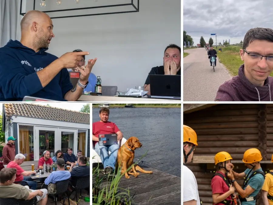 Collage mit Eindrücken der Savotex Workation 2025 in Holland: Team-Workshop im Ferienhaus, Fahrradtour durch die Natur, gemeinsames Abendessen im Freien, Arbeiten am See mit Hund, und Sicherheitscheck beim Klettern – Teamarbeit, Austausch und Naturerlebnis in einer inspirierenden Umgebung.