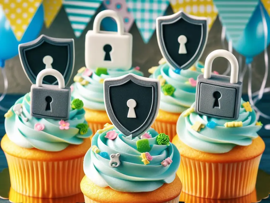 Cupcakes mit Datenschutzsymbolen, wie Schlösser und Schilde, dekoriert – symbolisiert Datensicherheit auf kreative Weise.