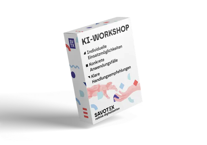 Produktbox des KI-Workshops von Savotex, bietet individuelle Einsatzmöglichkeiten, konkrete Anwendungsfälle und klare Handlungsempfehlungen – symbolisiert Weiterbildung und Innovation.