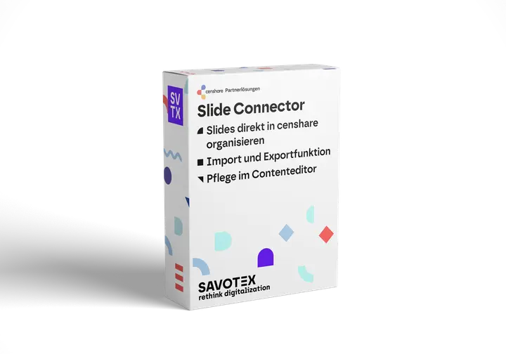 Produktbox des Slide Connectors von Savotex, mit Funktionen zur Organisation und Pflege von Präsentationen direkt in censhare – symbolisiert Effizienz im Content-Management.