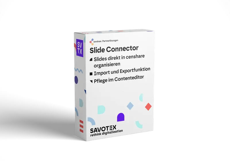 Produktbox des Slide Connectors von Savotex, mit Funktionen zur Organisation und Pflege von Präsentationen direkt in censhare – symbolisiert Effizienz im Content-Management.